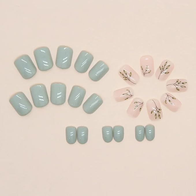 Curvlife Soft Gel Press on Nails 30pcs Fake Nails with Design Full Cover False Nails Tips for Women Reusable Nail Kit with Nail Glue Adhesive Tabs Nail File (Bamboo green)