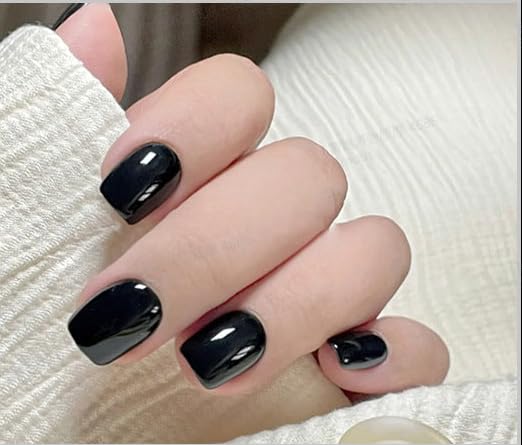 Curvlife Press on Nails Acrylic Fake Nails with black Design Full Cover False Nails for Women Reusable Nail Kit with Nail Glue Adhesive Tabs