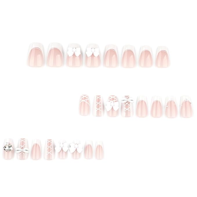 White Press on Nails Medium Coffin Fake Nails French Nails Press ons with Bow Tie Lace Design Full Cover Stick on Nails for Women Manicure,Reusable | Artificial | Nail Sticky Tabs | Easy Apply | 24Pcs