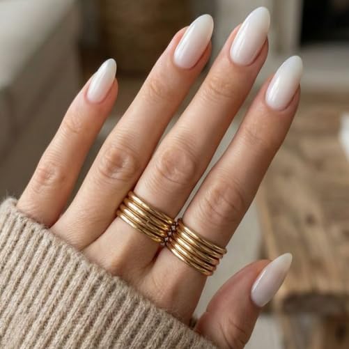 UNA GELLA White Press On Nails: Short Almond Soft Gel Press Ons Short Kit with Nail Glue on Nails, 16 Sizes - 32 Reusable Fake Nails Kit, Sheer Nude