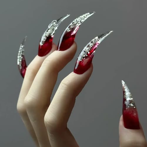 Halloween Press on Claw Nails Long Stiletto Red Diamond Gothic Style Press on Nails Reusable Thick Acrylic Cat Dragon Claw False Nails with Designs Eagle Claw Glossy Glue on Nail