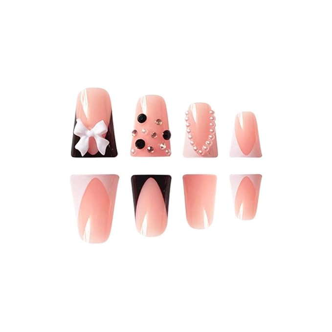 French Tip Nails Press ons Black White Fake Nails Duck False Nails with Design Rhinestone Glue on Nails Bow Stick on Nails Glossy Artificial Acrylic Full Cover Nail for Women Girls Manicure 24Pcs