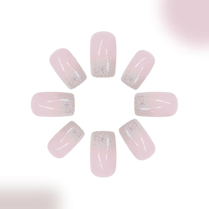 White Gradient Glitter Press on Nails Short Square Fake Nails Nude Glitter False Nails Full Cover Nude Sparkly French Glossy Acrylic Nails for Women and Girls DIY Manicure Decoration 24Pcs