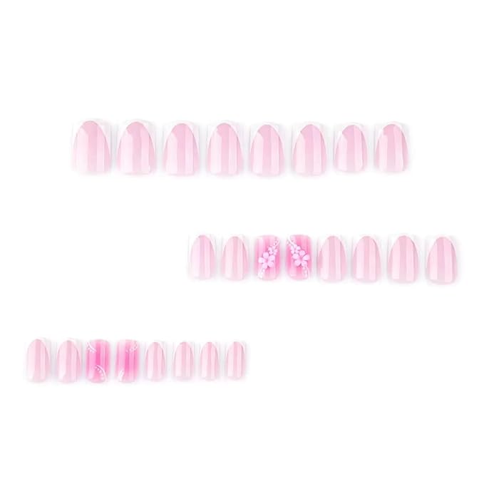 Press on Nails Square - Short Fake Nails with Floral Chrams Design - White French Tip False Nails Press ons - for Women 24 Pcs