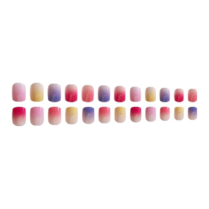 Press on Nails Square Short Fake Nails Short Press ons Nail Tips Artificial Acrylic Kit Full Cover False Nail with Multicolor Gradient Glossy Designs Stick on Nails for Women 24Pcs