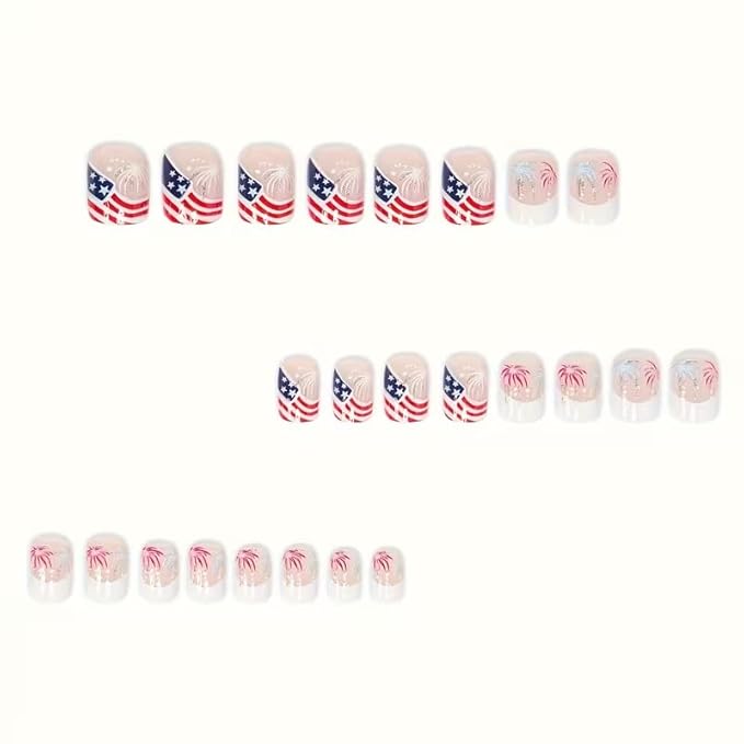 Independence Day Press on Nails Short Square Fake Nails White French Tip False Nails with Fireworks Designs Full Cover America Flag Stick on Nails Reusable Acrylic Nails for Women 4th of July 24Pcs
