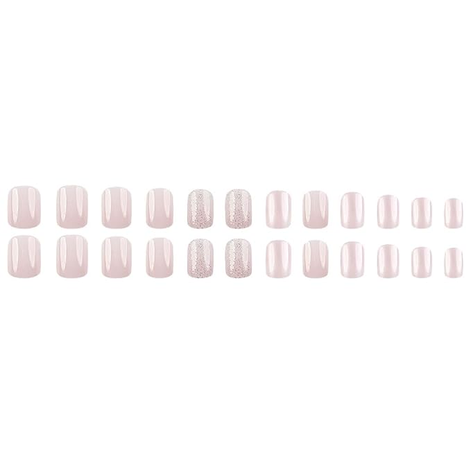 Short Square Press on Nails Pink Fake Nails Glossy False Nails Press ons with Glitter Design Reusable Artificial Nail Full Cover Glue on Nail Stick on Nails for Women Manicure 24Pcs