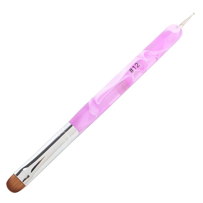 French Manicure Brush - Two Way Nail Art Brush with Dotting Tool for Cuticle Clean Up & Nail Art Design - Professional Salon Quality, Pink (12#)