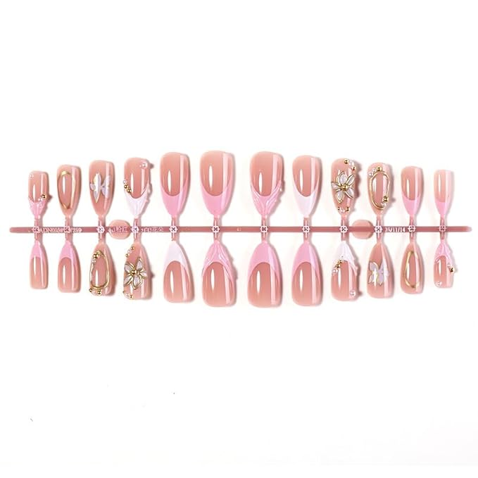 Almond Press on Nails Long Fake Nails White Artificial Nail 3D Flowers and Gold Charm Designs Pearl Stick on Nail for Women 24pcs