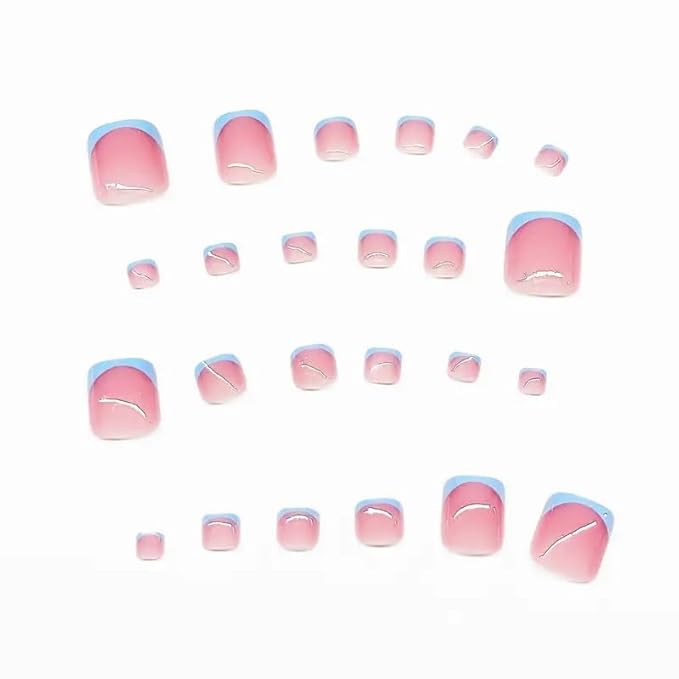 60Pcs Medium Press on Nails Square & Press on Toenails Set, Blue French Tip Press on Nails Short Square Press on Toe Nails Summer False Toenails Full Cover Stick on Nails for Women