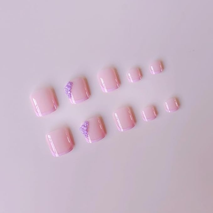 48Pcs Purple French Tips Press on Toenails Long Square Press on Nails with Pearl Flower Charm Design Glossy Pink Fake Toenails Summer False Nails Lilac Floral Nails Kits for Women Girls Manicure