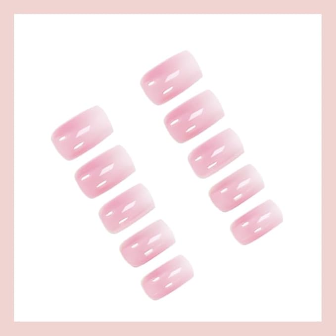 Press on Nails Short Square Fake Nails Ombre False Nails Press ons Glossy Nude Pink Glue on Nails Full Cover Stick on Nail for Women Nail Decoration 24Pcs