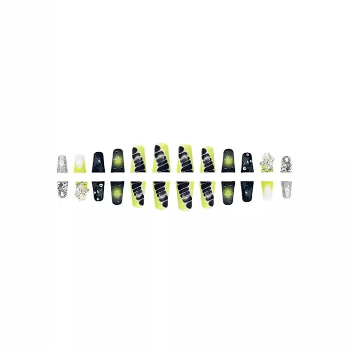 Duck Press on Nails Green Black Fake Nails with Star Design Rhinestone Glue on Nails Alligator Print Nail press ons Ombre False Nail Glossy Acrylic Full Cover Stick on Nail for Women Manicure 24Pcs
