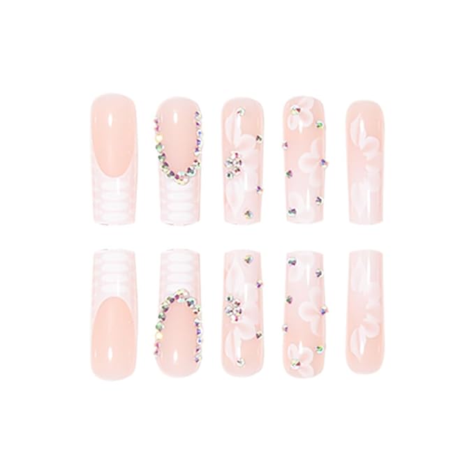 24Pcs Very Long Press on Nails Square Fake Nails Glossy Nude False Nails with 5D Rhinestones Designs White French Tip Flower Glue on Nails Full Cover Artificial Long Acrylic Nails for Women