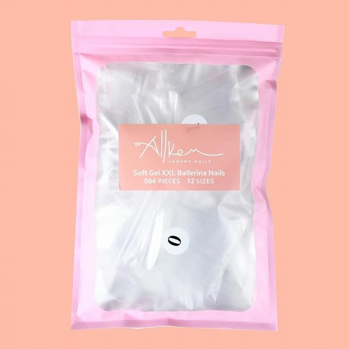 Allkem Soft Gel Nail Tips - XXL Ballerina Nail Extensions with Refill Bag - 12 Sizes Extra Extra Long Full Cover Nails - Clear (504 Pieces)