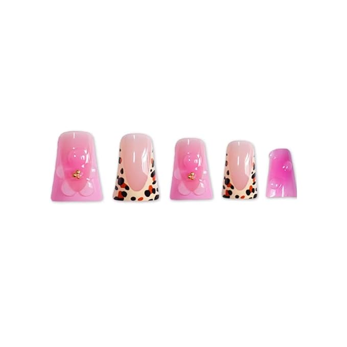 Leopard Print French Tip Press On Nails Pink Fake Nails Medium Duck False Nails with Design Flower Glossy Stick On Nails for Women Reusable Artificial Acrylic Full Cover Manicure 24Pcs