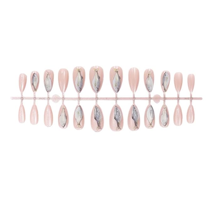 Almond Press on Nails Medium Fake Nails 3D Fish False Nails Finish Cat Eye Glue on Nail Cute French Tip Acrylic Nails Full Cover Stick on Nail for Women Manicure 24Pcs
