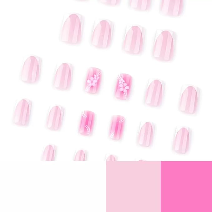 Press on Nails Square - Short Fake Nails with Floral Chrams Design - White French Tip False Nails Press ons - for Women 24 Pcs
