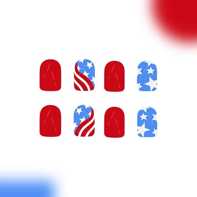 Independence Day Press on Nails Short Square Artificial Nails with Red Blue American Flag Glossy Red False Nails Stars Stick on Nail Full Cover 4th of July Fake Nail for Women Girls Manicure 24Pcs