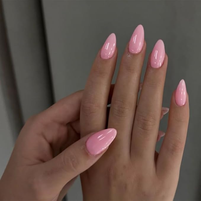 Pink Press On Almond Shaped Medium Length Stiletto False Nails, Soft Gel Artificial Reusable Neutral Acrylic Nails for Women Girls