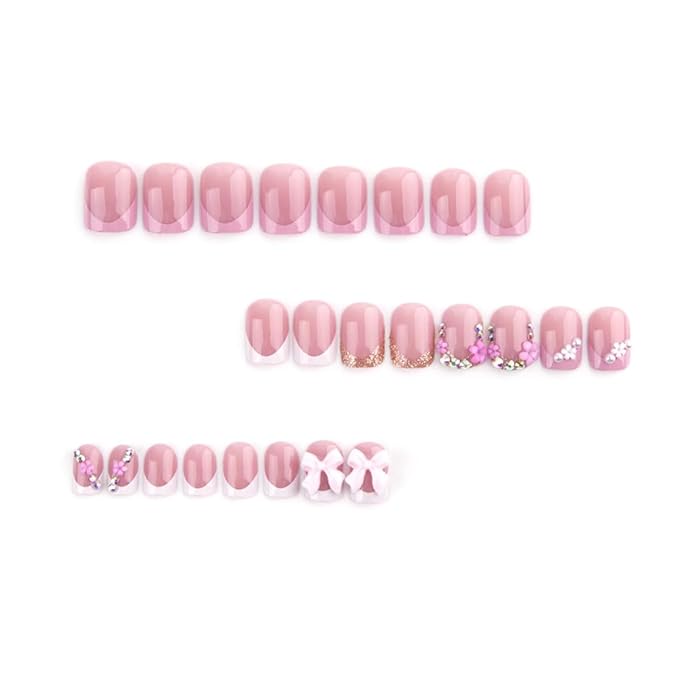 French tips Press on Nails Pink Short Square Fake Nails with 3D Bow Charms Design White Pearl Glue on Nails Glossy Flower False Nail tips Reusable Spring Nails for Women Girls Manicure 24pcs