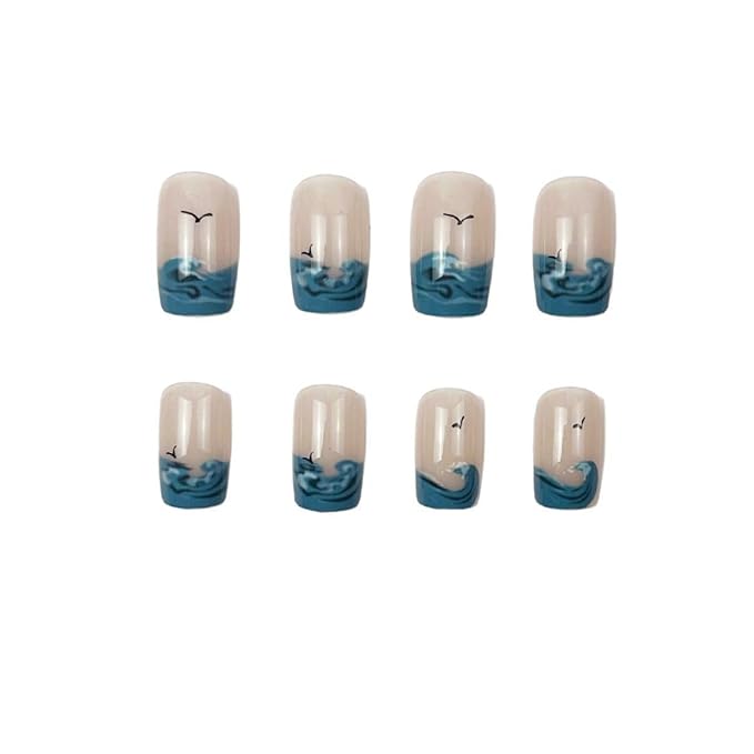 Summer Press on Nails Medium Square Fake Nails Beach False Nails French Tip Nails Press ons with Wave Designs Acrylic Nail Full Cover Glue on Nails Artificial Stick on Nails for Women Manicure 24Pcs