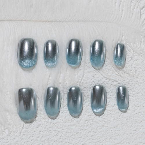 Sun&Beam Nails Handmade Press-on Short Almond Blue Silver Aurora Gradation glossy Design Fashion False Nail Tips 10 Pcs Set (#221 S)