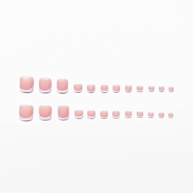 48Pcs White French Tips Press on Nails Short Square Press on Toenails Glossy Skintones Fake Nails with Designs Reusable Full Cover Fake Toenails Summer False Nails Kit for Women Girls Manicure