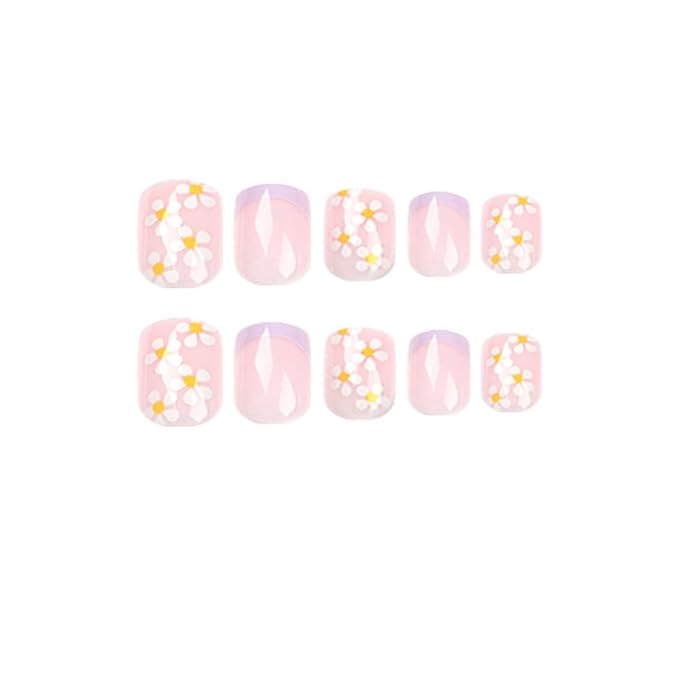 Press on Nails Square Short Short Fake Nails Press ons Purple French Nail Tips Artificial Acrylic Kit Full Cover False Nails with Flower Glossy Design Stick on Nails for Women 24Pcs