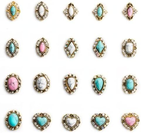 3D Turquoise Western Nail Ornament Mix Blue, White, and Pink Turquoise Charms Acrylic Nail Art Jewelry Flower Heart DIY Decoration Products Home (80pcs)
