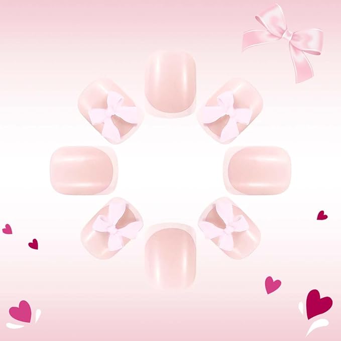 White French Tip Press on Nails with Pink Bows,Short Square Fake Nails French Nails Press ons with Design,Reusable Artificial Nail Full Cover Glossy Glue on Nail Stick on Nail for Women Manicure 24Pcs