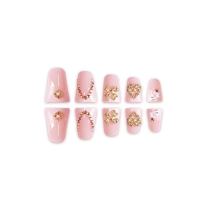 White Press on Nails French Tip Fake Nails Duck False Nail with Charms Design Bow Heart Glue on Nails Glossy Full Cover Artificial Acrylic Nude Stick on Nail for Women Girls Manicure 24Pcs