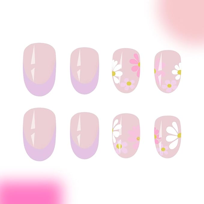 Flower Press on Nails - Short Oval Fake Nails Purple French Tip False Nails Press ons with Floral Design, Glossy Acrylic Nails Full Cover Artificial Glue on Nails for Women Manicure 24Pcs