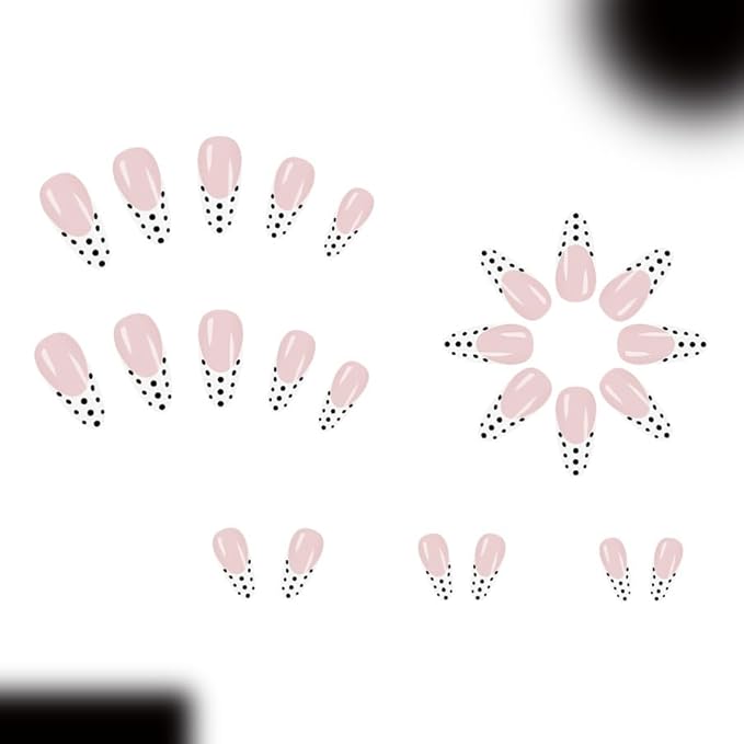 Almond Press on Nails Medium Fake Nails White French Tip False Nails Cute Black Polka Dot Design Reusable Artificial Nails Full Cover Glossy Glue on Nail Stick on Nail for Women Manicure 24Pcs