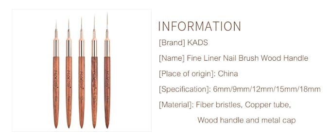 KADS Fine Liner Brush, Nail Art Striping Brushes 6/9/12/15/18mm Thin Line Nail Brush Detail Drawing Brush Gel Nail Polish Brush (Set of 5Pcs)