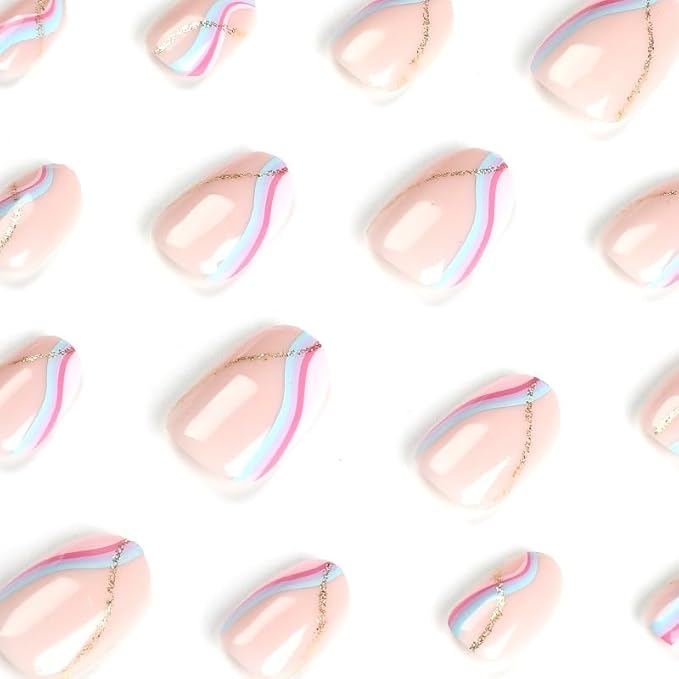 Almond Press on Nails Short Squoval Fake Nails Pink False Nails Press ons with Design Gold Glitter Glue on Nails Acrylic Artificial Stick on Nail for Women Nail Decoration 24Pcs