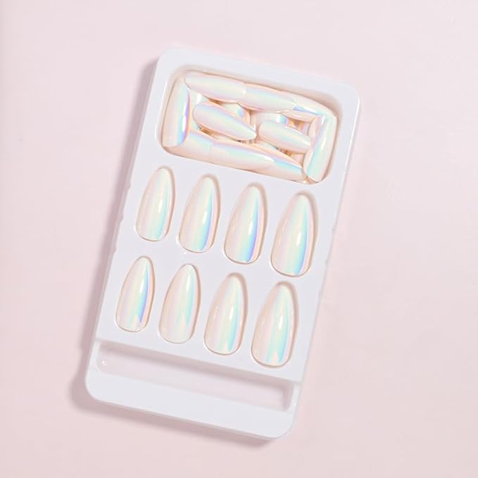 Almond Press on Nails White Chrome Fake Nails Glossy Pearl Powder Acrylic Nails Metal Mirror False Nails Press ons Medium Full Cover Holographic Glue on Nail for Women Girls Manicure 24Pcs