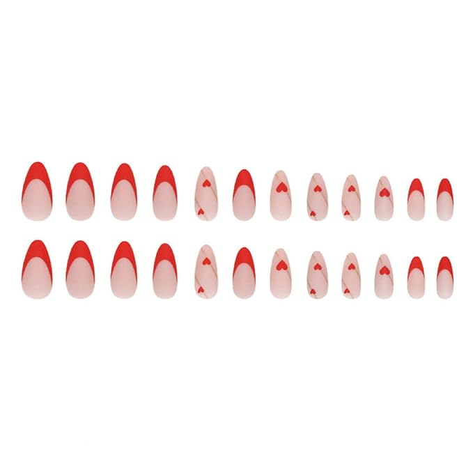 Press on Almond Nails - Red French Tip Fake Nails with Gold Line Design - Heart, Medium False Nails Stick on - for Women 24 Pcs