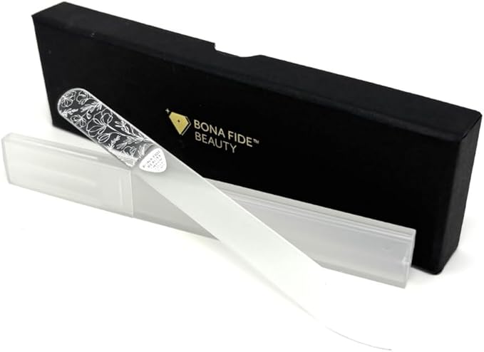 Bona Fide Beauty Czech Glass Nail File for Natural Nails (Floral Design), Giftable Box and New Travel Hardcase Included
