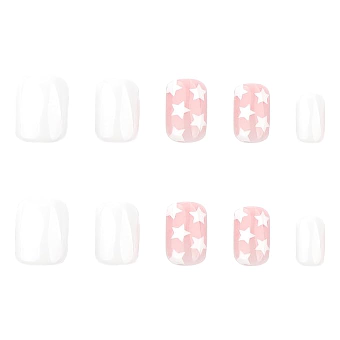 Press on Nails Short Square MABKJLF White Fake Nails False Nails with White Stars Designs Full Cover Glossy Glue on Nails Cute Stick on Nails for Women Girls 24 Pcs