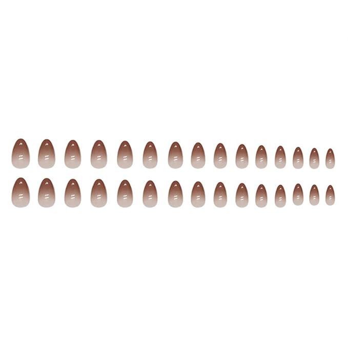 Fall Press on Nails Short Almond Fake Nails Ombre Brown False Nails Press ons with Designs Chrome Acrylic Glossy Full Cover Glue on Nails Cute Artificial Stick on Nail for Women Decoration 24 Pcs