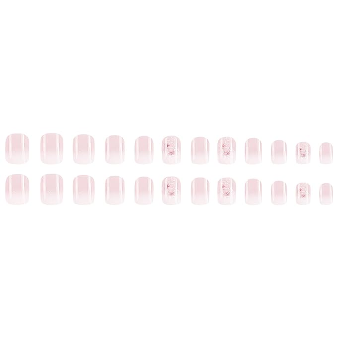 Flower Press on Nails Short Oval Fake Nails Ombre False Nails with Cute Design Glossy Glue on Nails Gradient Stick on Nail Full Cover Acrylic Artificial Nail for Women Manicure 24Pcs