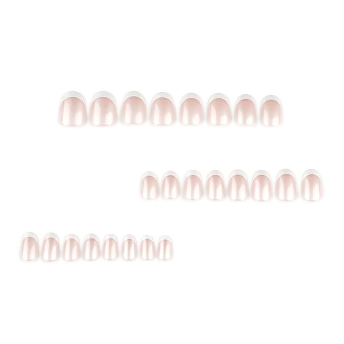 Pearl Glossy Press on Nails Short Oval Fake Nails French Nails Press ons with Design Full Cover Stick on Nails for Women Manicure,Reusable | Artificial | Nail Sticky Tabs | Easy Apply | 24 Pcs