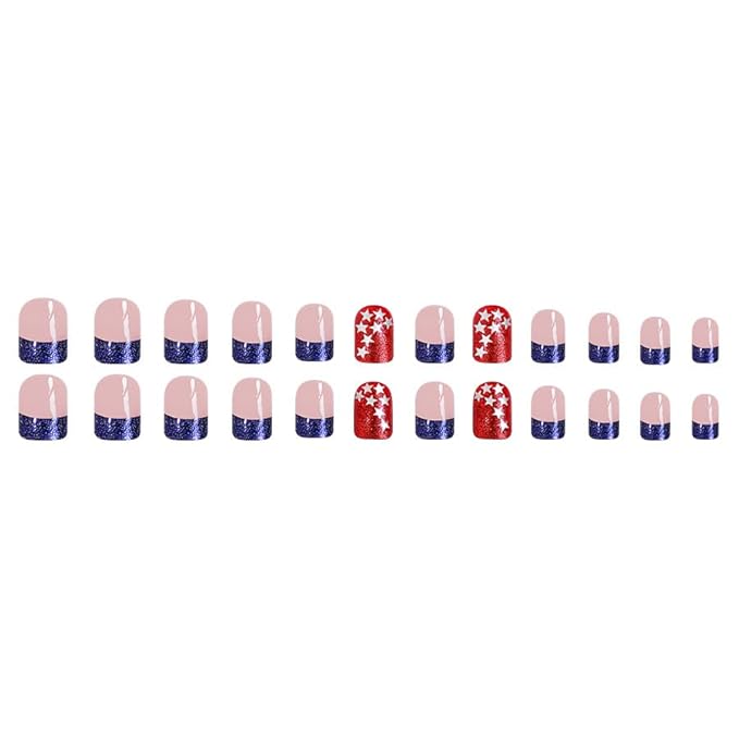 CurvLife Short Press On Nails - Independence Day Design Glossy Acrylic Stick On False Nails for Women