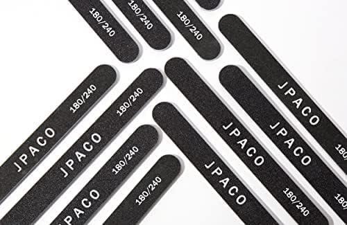 12-Pack Professional Nail Files: Double-Sided Emery Boards for Natural, Acrylic, Poly, and Gel Nails – Washable Black Manicure Tools Set by JPACO (180/240 Grit)