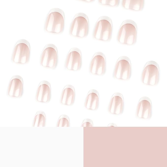 Pearl Glossy Press on Nails Short Oval Fake Nails French Nails Press ons with Design Full Cover Stick on Nails for Women Manicure,Reusable | Artificial | Nail Sticky Tabs | Easy Apply | 24 Pcs