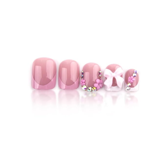 French tips Press on Nails Pink Short Square Fake Nails with 3D Bow Charms Design White Pearl Glue on Nails Glossy Flower False Nail tips Reusable Spring Nails for Women Girls Manicure 24pcs