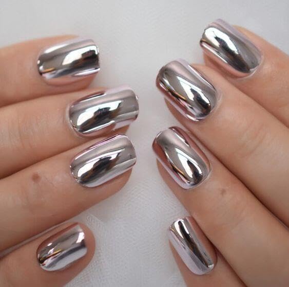Silver Press on Nails Short Square Fake Nails Metal Chrome False Nails Press ons Glossy Silver Mirror Acrylic Nails Full Cover Holographic Metal Chrome Glue Stick on Nail for Women Manicure 24pcs