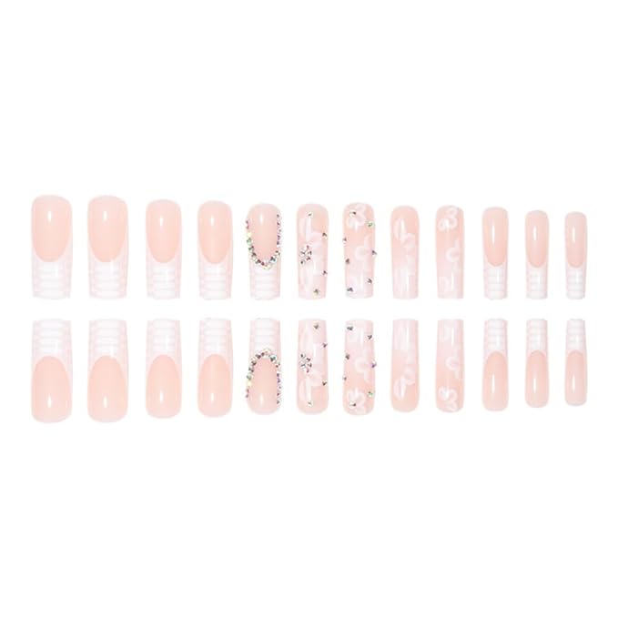24Pcs Very Long Press on Nails Square Fake Nails Glossy Nude False Nails with 5D Rhinestones Designs White French Tip Flower Glue on Nails Full Cover Artificial Long Acrylic Nails for Women