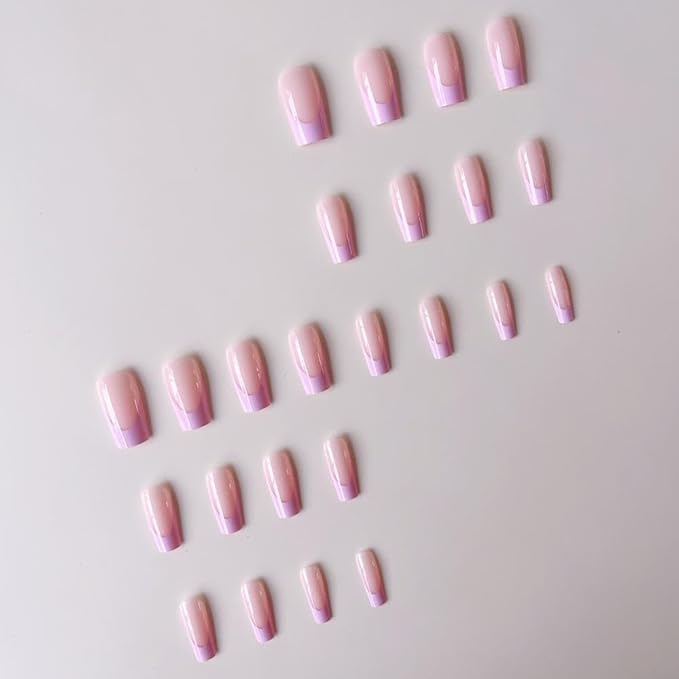 48Pcs Pink French Tips Press on Nails Glossy Pink Press on Toenails Short Square Fake Toenails with Designs Reusable Full Cover False Toenails Glossy Summer Fake Nails for Women Girls Manicure